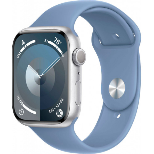 Apple Watch Series 9 45 мм (алюминиевый корпус, серебристый/зимний синий, спортивный силиконовый ремешок S/M) фото 1