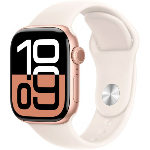 Apple Watch Series 10 42 мм (алюминиевый корпус, розовое золото/звездный свет, спортивный силиконовый ремешок)