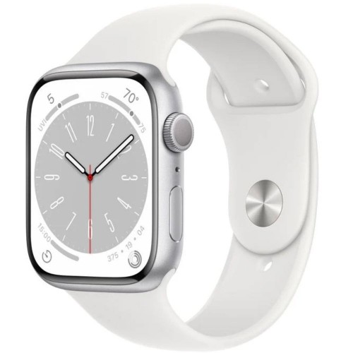 Apple Watch Series 8 45 мм (алюминиевый корпус, серебристый/белый, спортивный силиконовый ремешок) фото 1