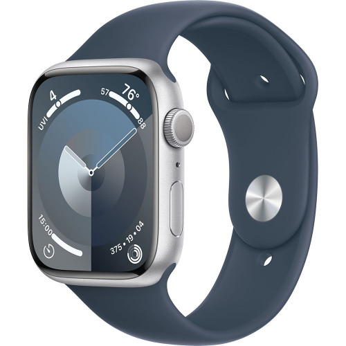 Apple Watch Series 9 45 мм (алюминиевый корпус, серебристый/грозовой синий, спортивный силиконовый ремешок S/M)