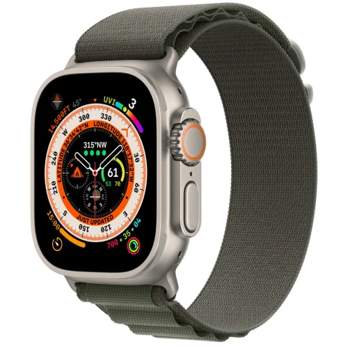Apple Watch Ultra LTE 49 мм (титановый корпус, титановый/темно-зеленый, текстильный ремешок размера S)